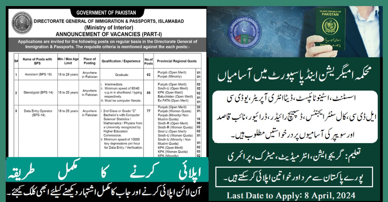 DG Immigration and Passport Jobs 2024 via NTS Online Apply