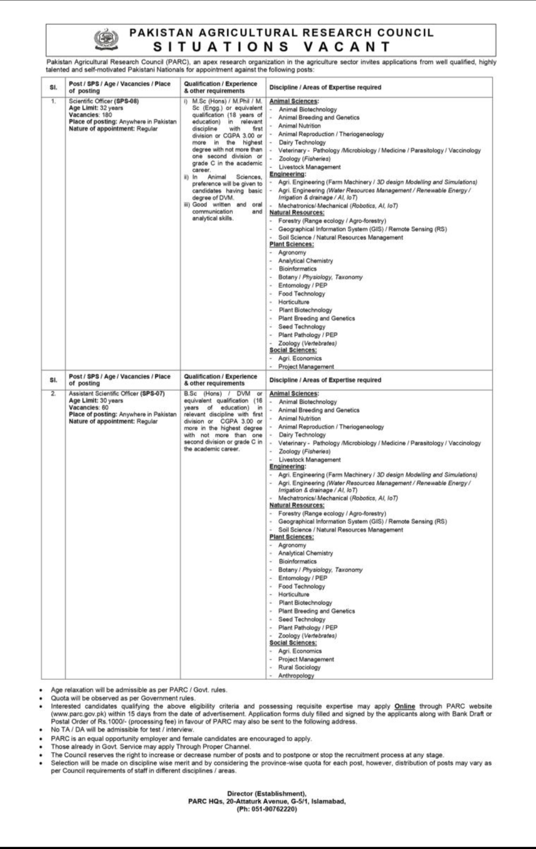 Pakistan Agricultural Research Council PARC Jobs 2024 Latest Advertisement Online Apply