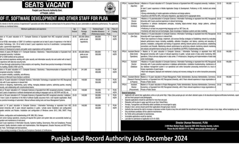 Punjab Land Record Authority PLRA Jobs 2024