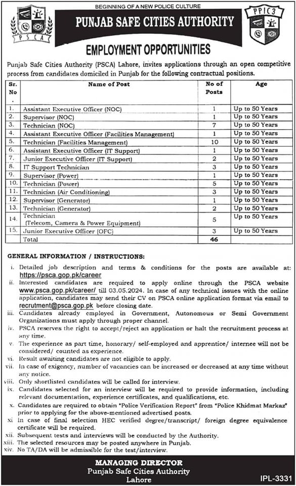 Punjab Safe Cities Authority PSCA Jobs April 2024 Online Apply Latest Advertisement
