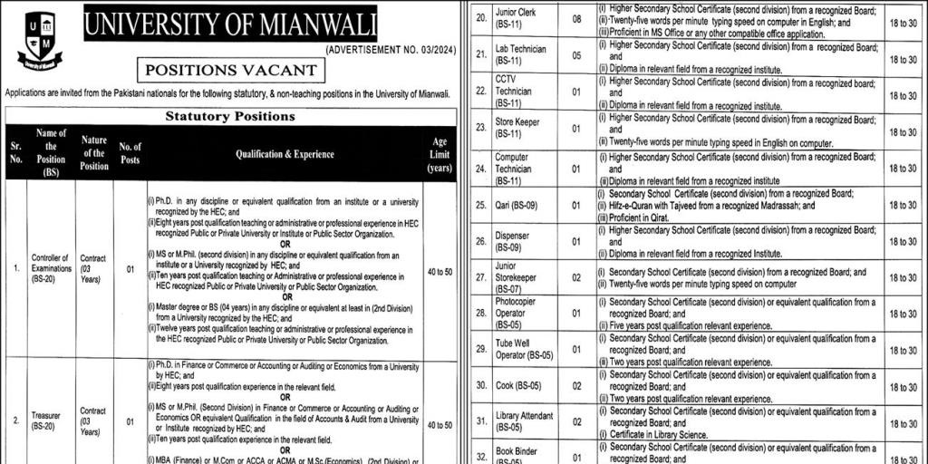 University of Mianwali Jobs 2024 in March