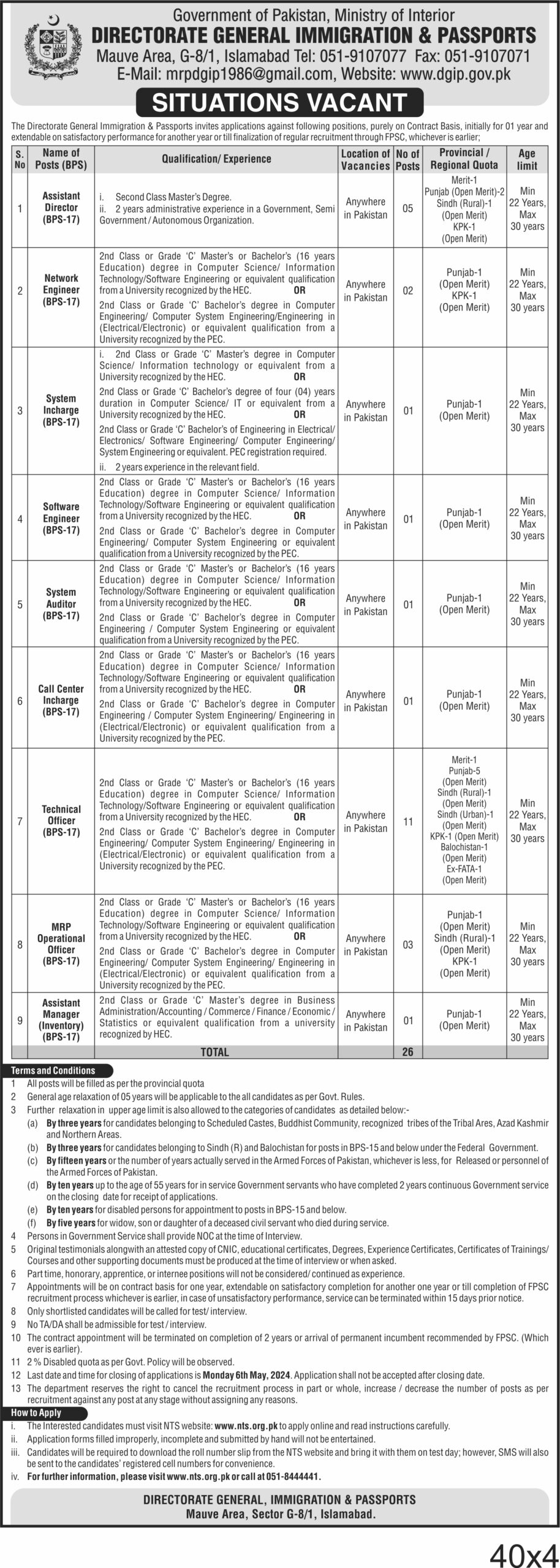 Directorate General Immigration & Passports, Islamabad Vacant Post (BS-17)
