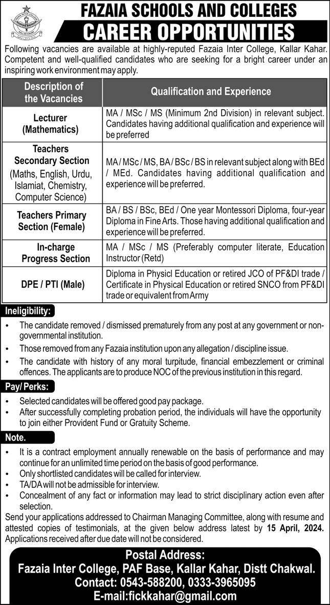 Fazaia Inter College Teaching Faculty Jobs 2024 for Lecturers, Secondary School Teachers, Primary Teachers