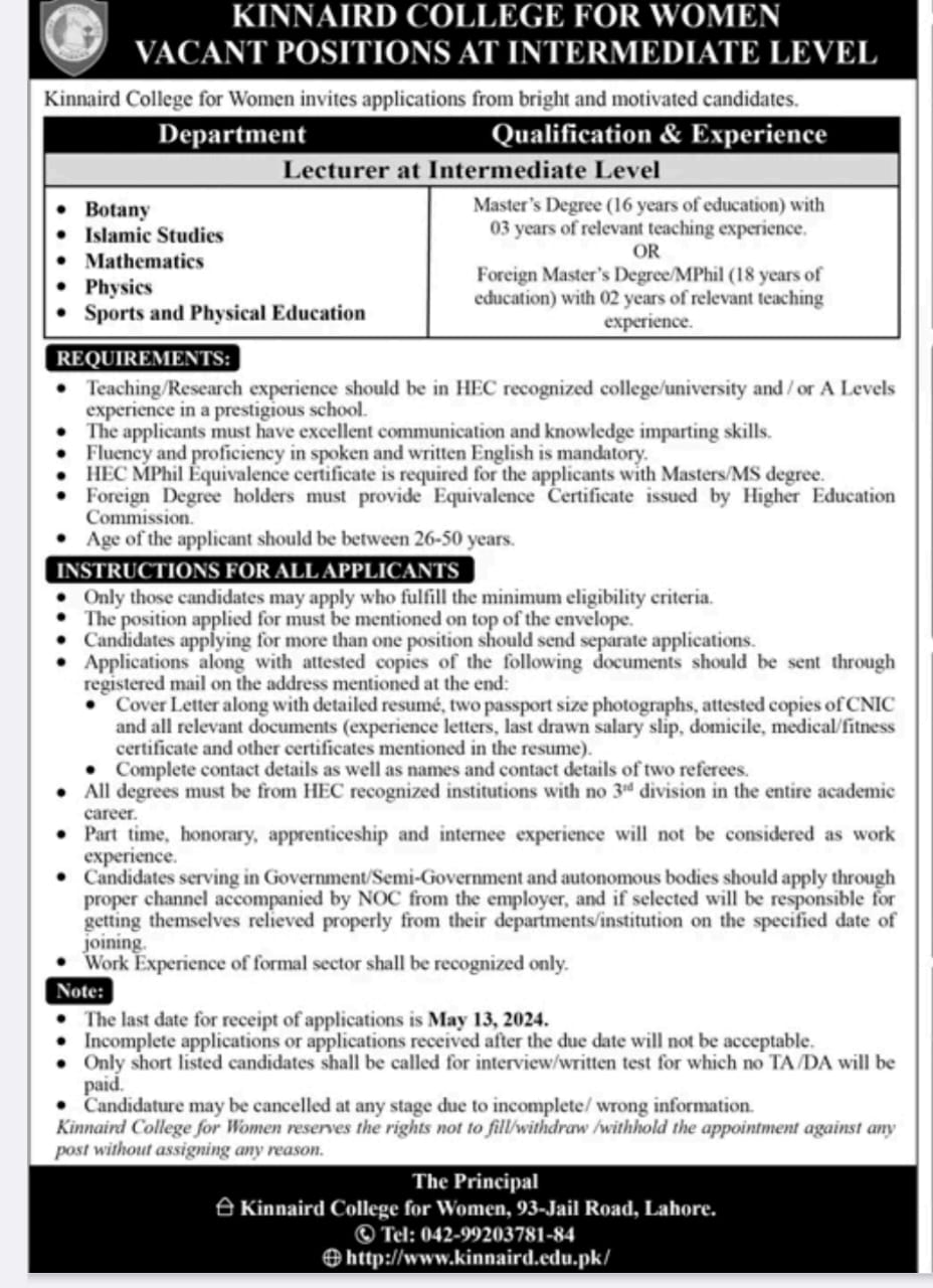 Kinnaird College for Women Jobs for Lecturer at Intermediate Level