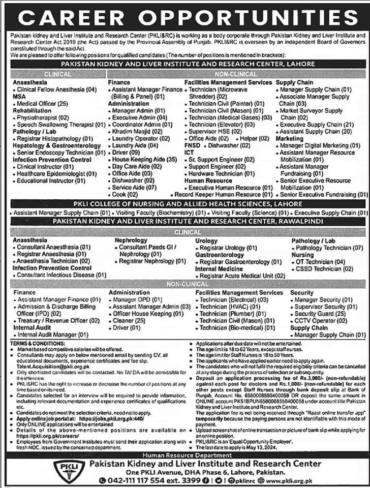 PKLI Jobs 2024 - Pakistan Kidney and Liver Institute (Multiple Job Vacancies Clinical and Non-Clinical Staff)