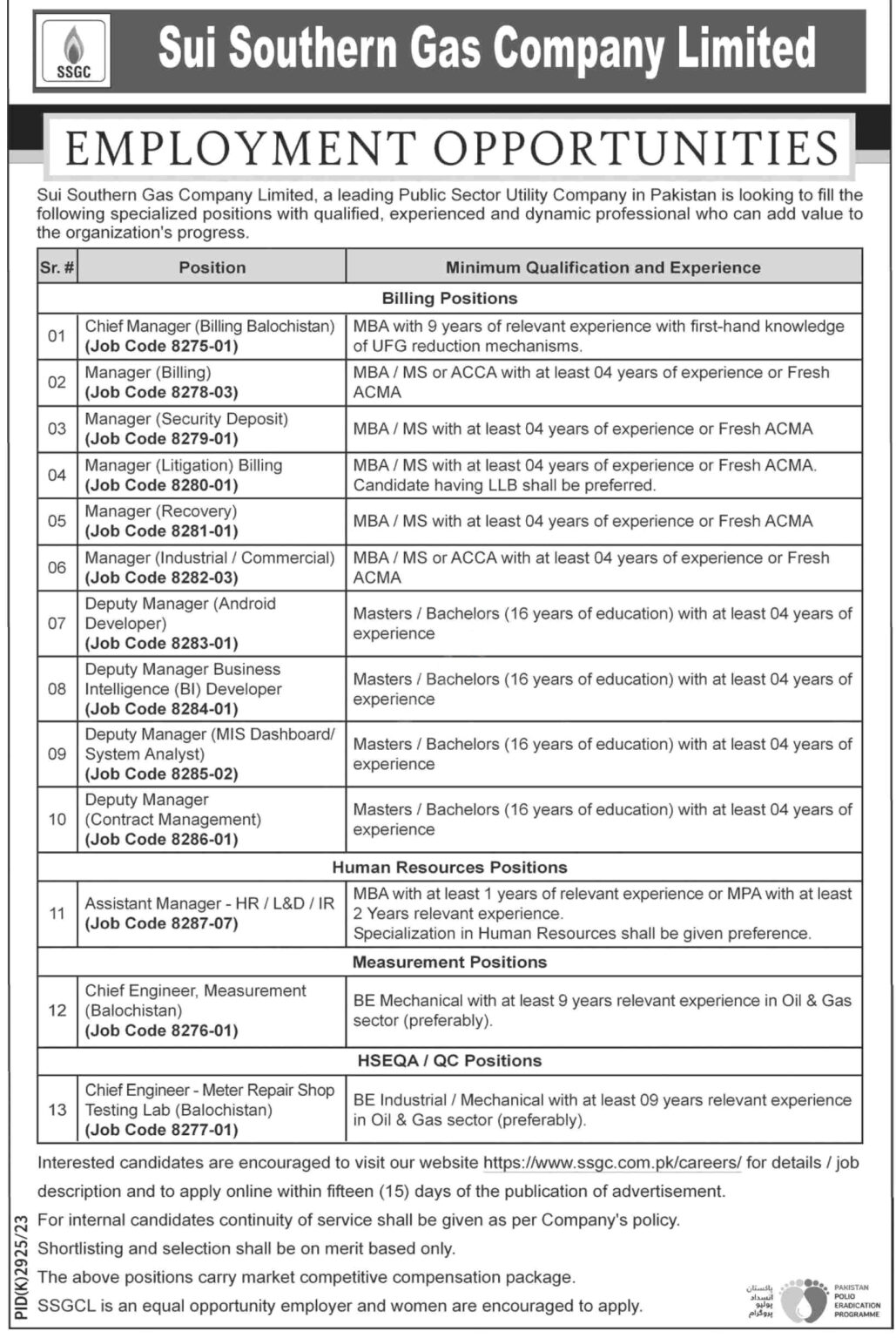 SSGC Sui Southern Gas Company Jobs 2024 for Management Staff