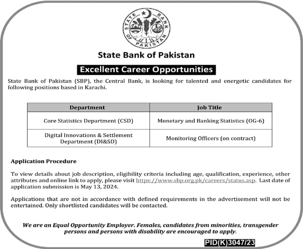 State Bank of Pakistan SBP Jobs 2024 (Multiple Vacancies)