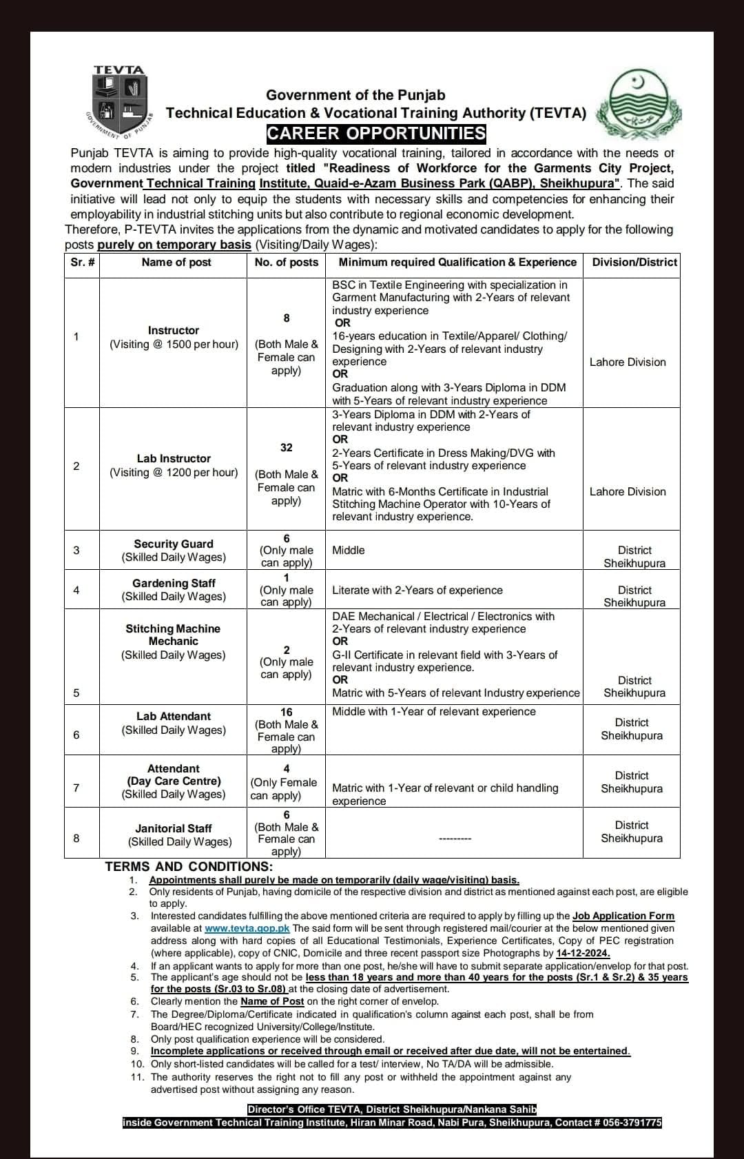 TEVTA Punjab Jobs 2024 Instructors & Admin Staff