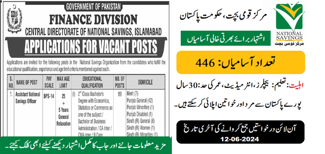 Central Directorate of National Savings Jobs 2024 for June