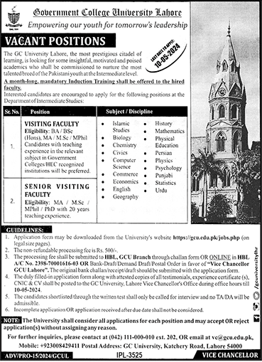 Government College University (Visiting Lecturer Males Females Jobs 2024)