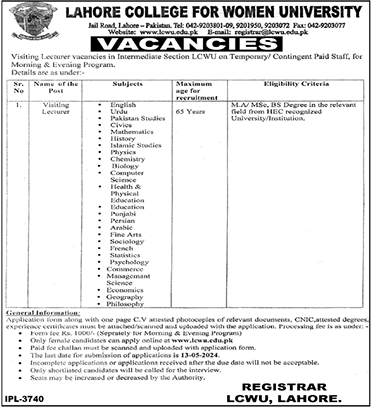 Lahore College for Women University (Female Lecturer Jobs May 2024)