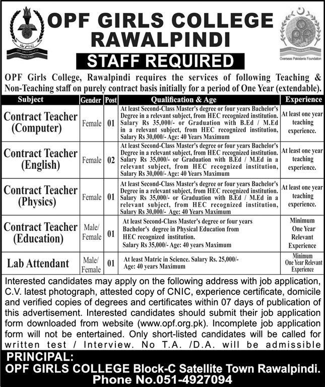 OPF Girls College Jobs 2024 for Male Female Teachers