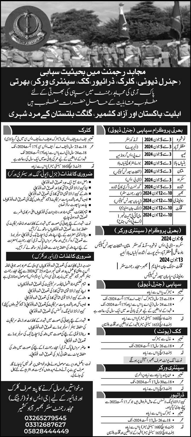 Pak Army Mujahid Force Jobs 2024 (General Duty, Clerk, Drivers)