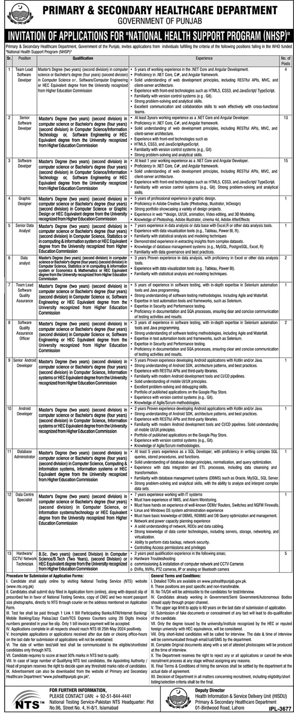 Primary & Secondary Healthcare Department Punjab Jobs 2024 (Multiple Vacancies in NHSP)