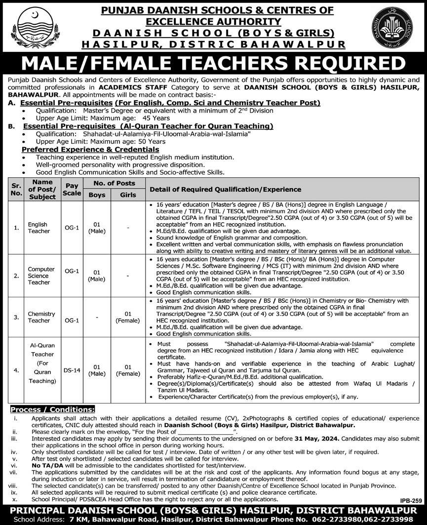 Punjab Daanish School Teaching Jobs 2024 (Male Female OG-I)