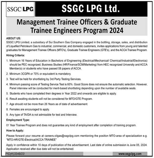 SSGC LPG MTO Program 2024 (Fresh Graduates and Engineers)