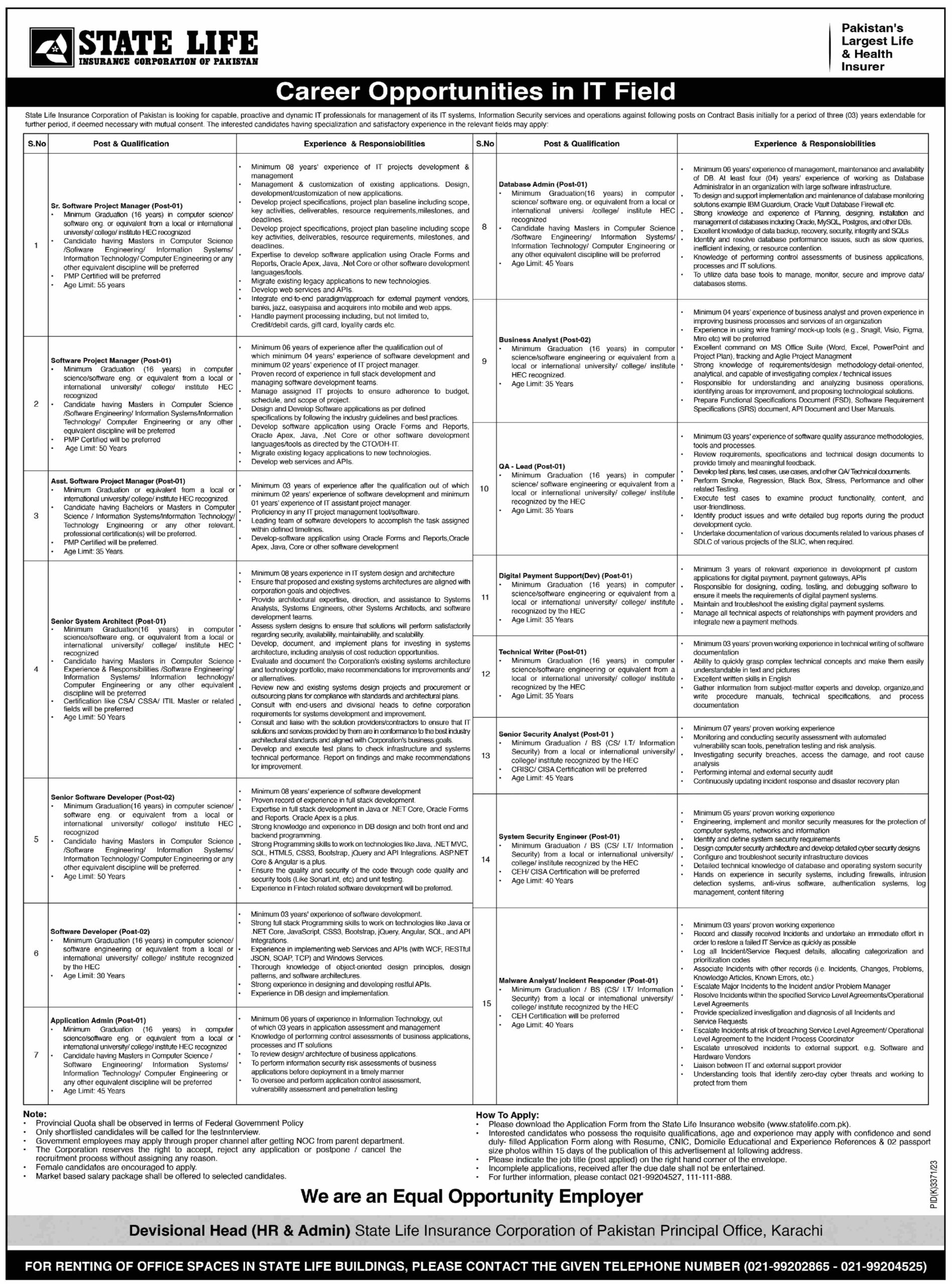 State Life Insurance Jobs 2024 Online Apply All over Pakistan