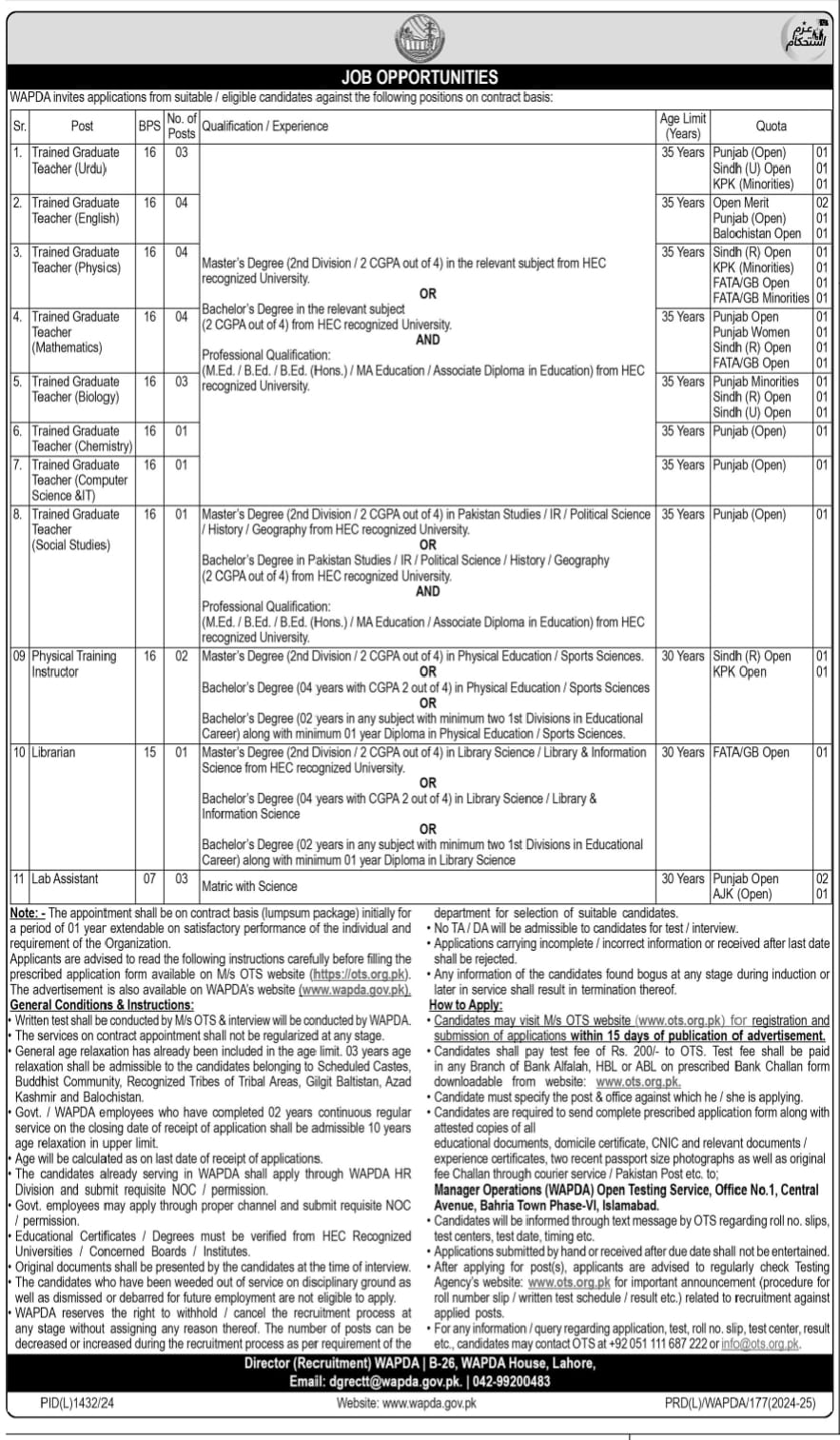 WAPDA Trained Graduate Teachers (BPS-16) Jobs 2024