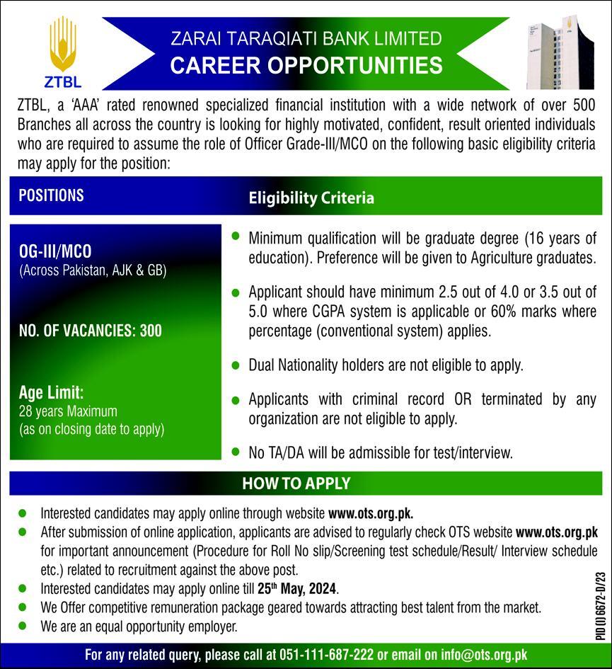 ZTBL Jobs 2024 (OG-III MCO) Across Pakistan