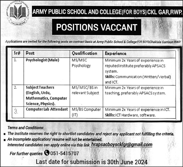 Army Public School and College Chaklala Garrison Boys Campus Jobs 2024