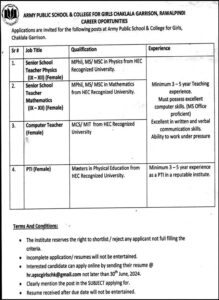 Army Public School and College Chaklala Garrison Girls Campus Jobs 2024