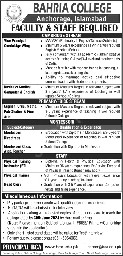 Bahria College Islamabad Jobs 2024 Primary Teachers and Staff