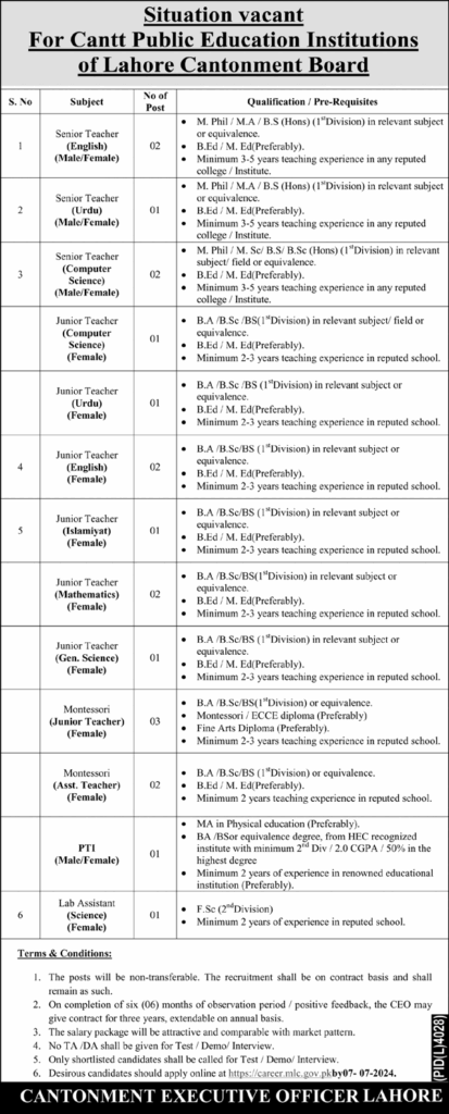 Cantt Public Education Institutes Lahore Jobs 2024 ( Senior & Junior Teachers )
