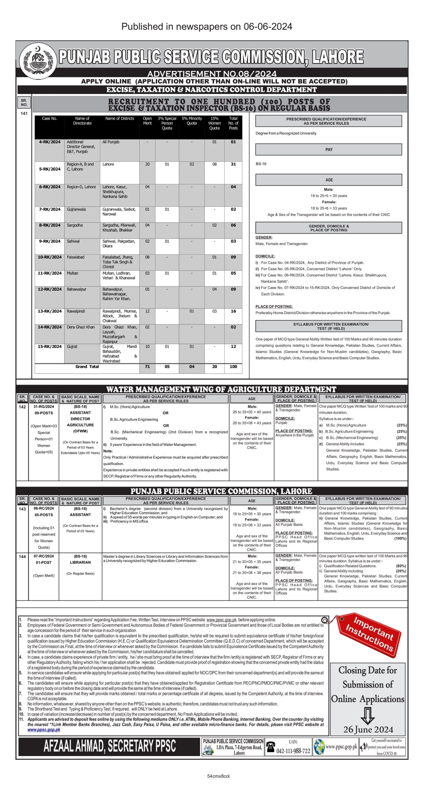 Excise and Taxation Inspector Jobs 2024 Advertisement
