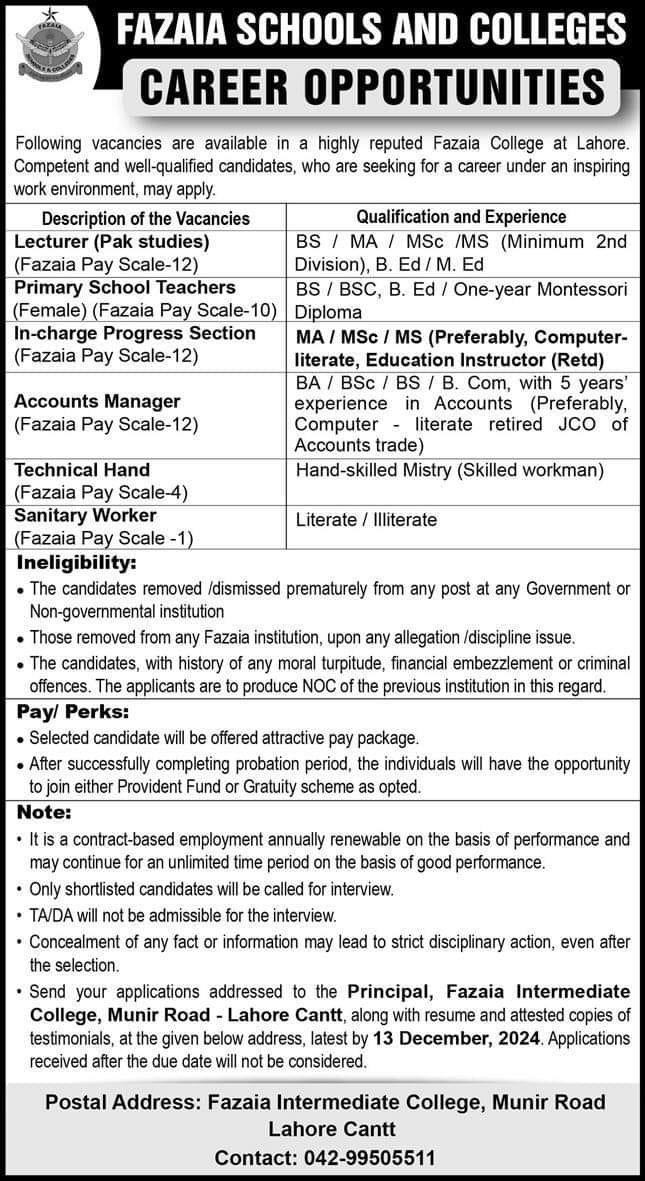 Fazaia Schools And Colleges Lahore Jobs 2024