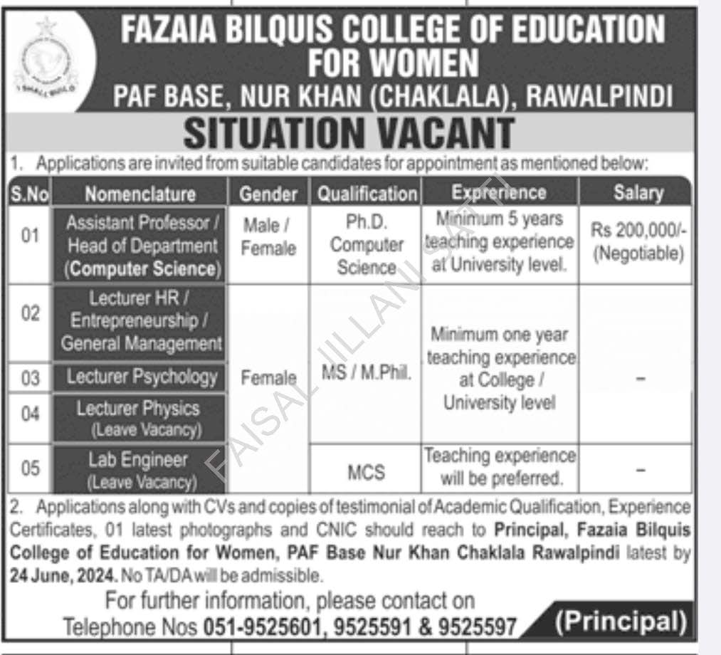 Fazaia Schools and Colleges Jobs 2024 Advertisement 2