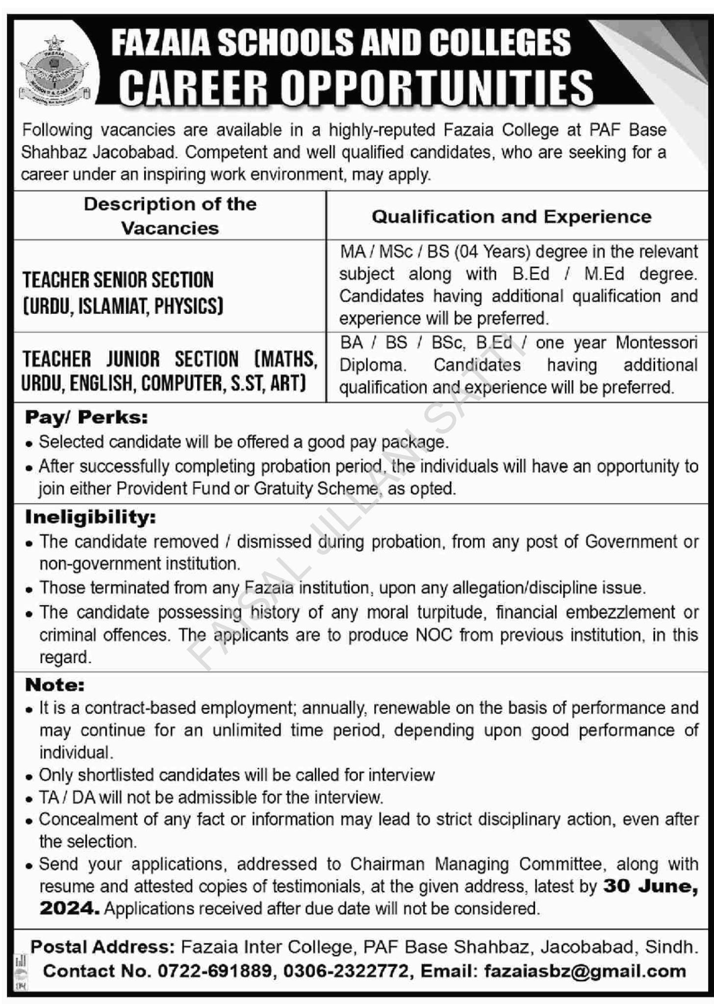 Fazaia Schools and Colleges Jobs 2024 Advertisement 3