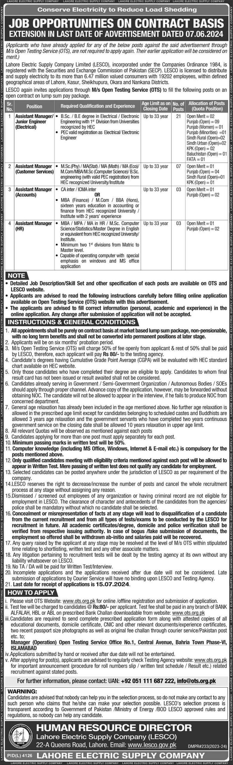 Lahore Electric Supply Company LESCO Jobs July 2024