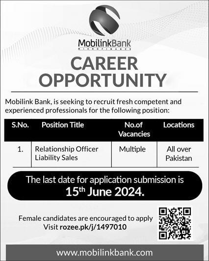 Mobilink Bank Jobs 2024 (Multiple Vacancies All over Pakistan)