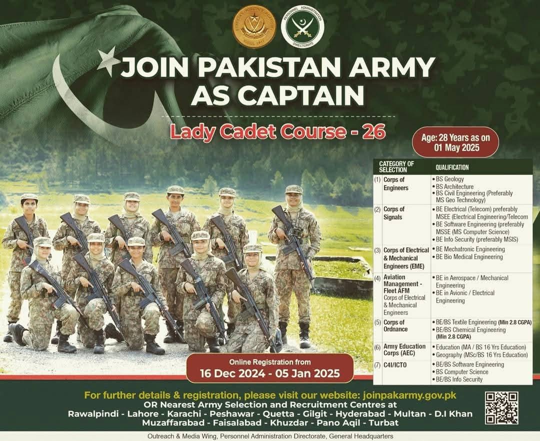 Pak Army Female Captain Jobs 2025 Lady Cadet Course LCC-26