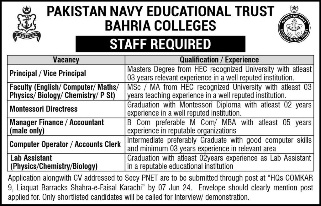 Pakistan Navy Bahria Colleges Jobs 2024 (Teaching Faculty, Accountant, Clerks, Assistants)