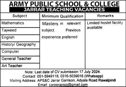 Army Public School & College Jarrar Teaching Jobs July 2024