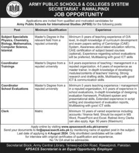 Army Public School & College Jobs 2024 (Subject Specialists, Coordinators)