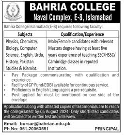 Bahria College Islamabad Jobs 2024