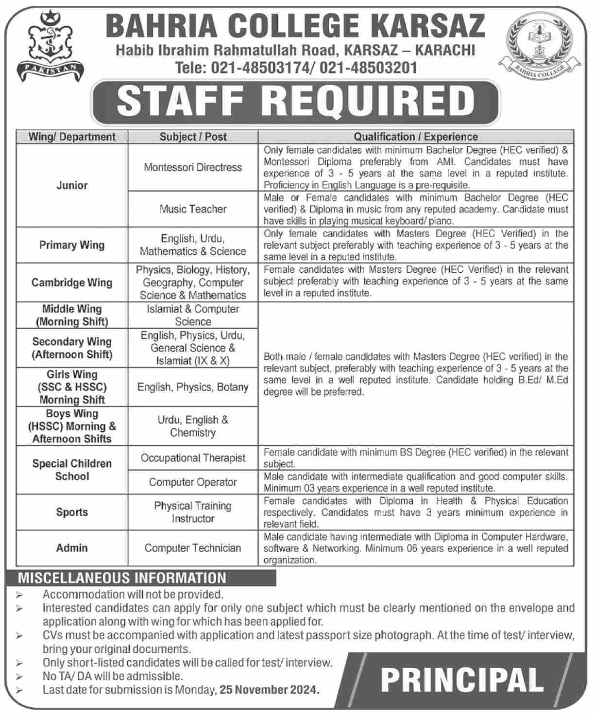 Bahria College Karsaz Teaching Jobs 2024