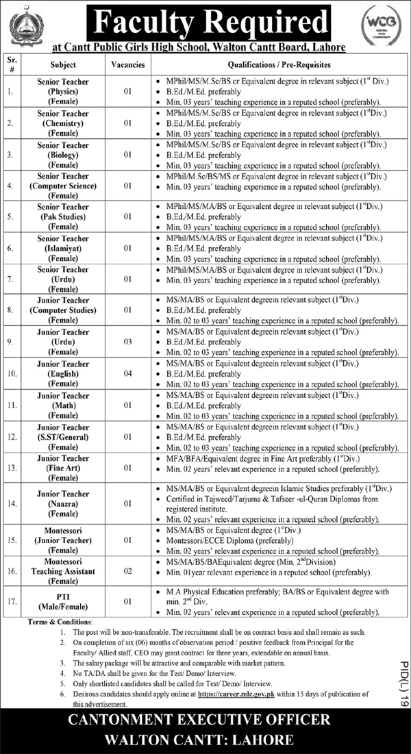 Cantt Public Girls High School Walton (Teaching Faculty Jobs July 2024)