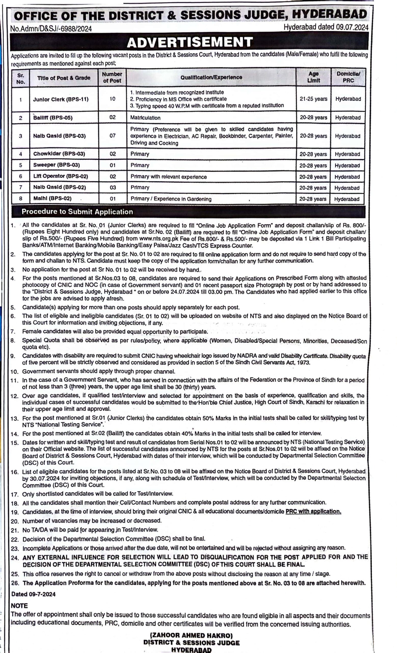 District & Sessions Court Hyderabad Latest Jobs 2024