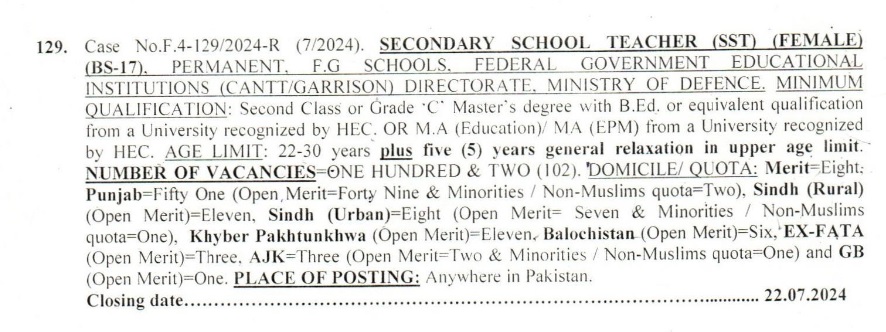 Female Secondary School Teachers BS-17 Jobs 2024