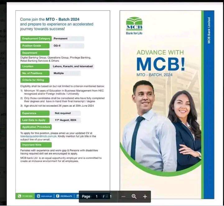 MCB Bank MTO Management Trainee Officer Jobs 2024 (Online Apply)