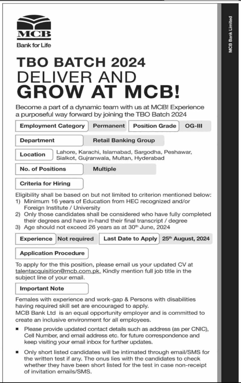 MCB Trainee Branch Officers TBO OG-III Jobs 2024