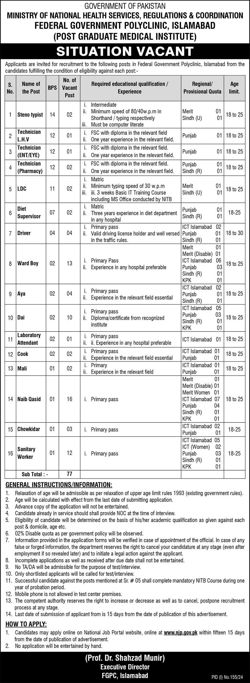 Ministry of National Health Services (Latest Jobs July 2024) BS 01 to 15