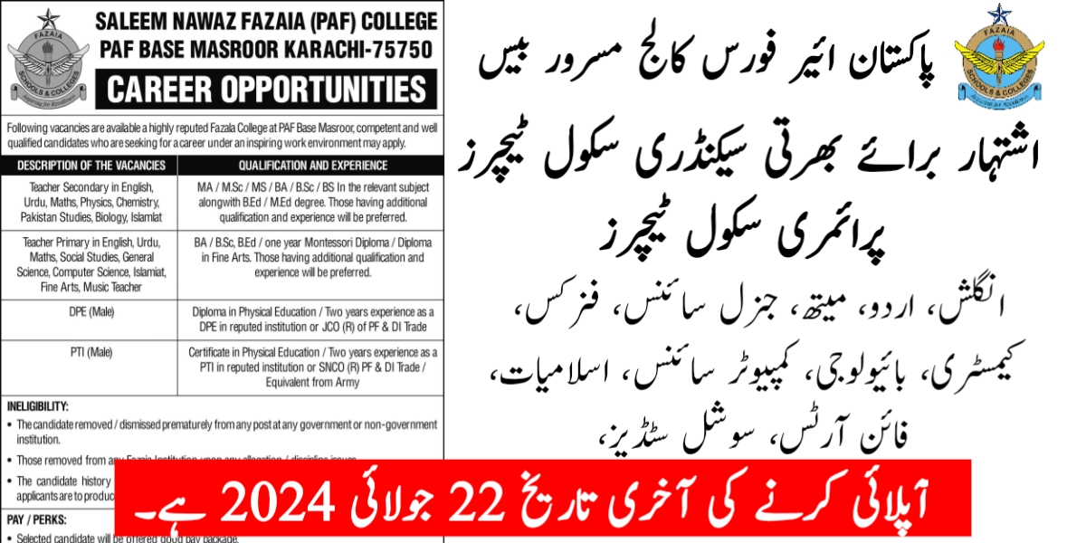 PAF College Masroor Base Secondary and Primary Teaching Faculty Jobs 2024