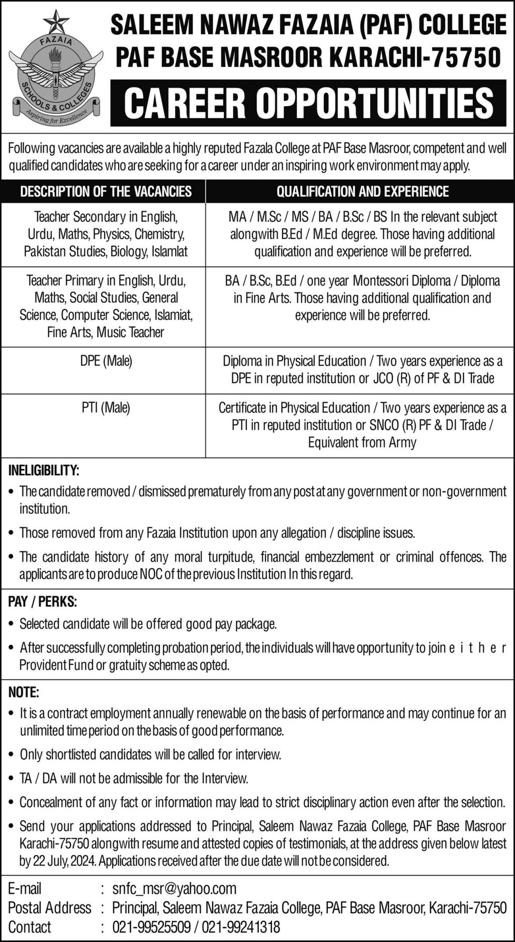 PAF College Masroor Base Secondary and Primary Teaching Faculty Jobs 2024