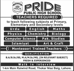 Primary, Elementary & Secondary Level Teachers Jobs Pride Public High School 2024