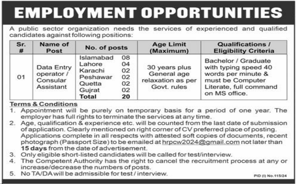 Public Sector Organization Data Entry Operator Jobs 2024