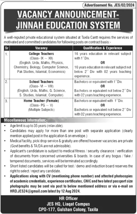 School and College Teachers Jobs 2024 Jinnah Education System Taxila